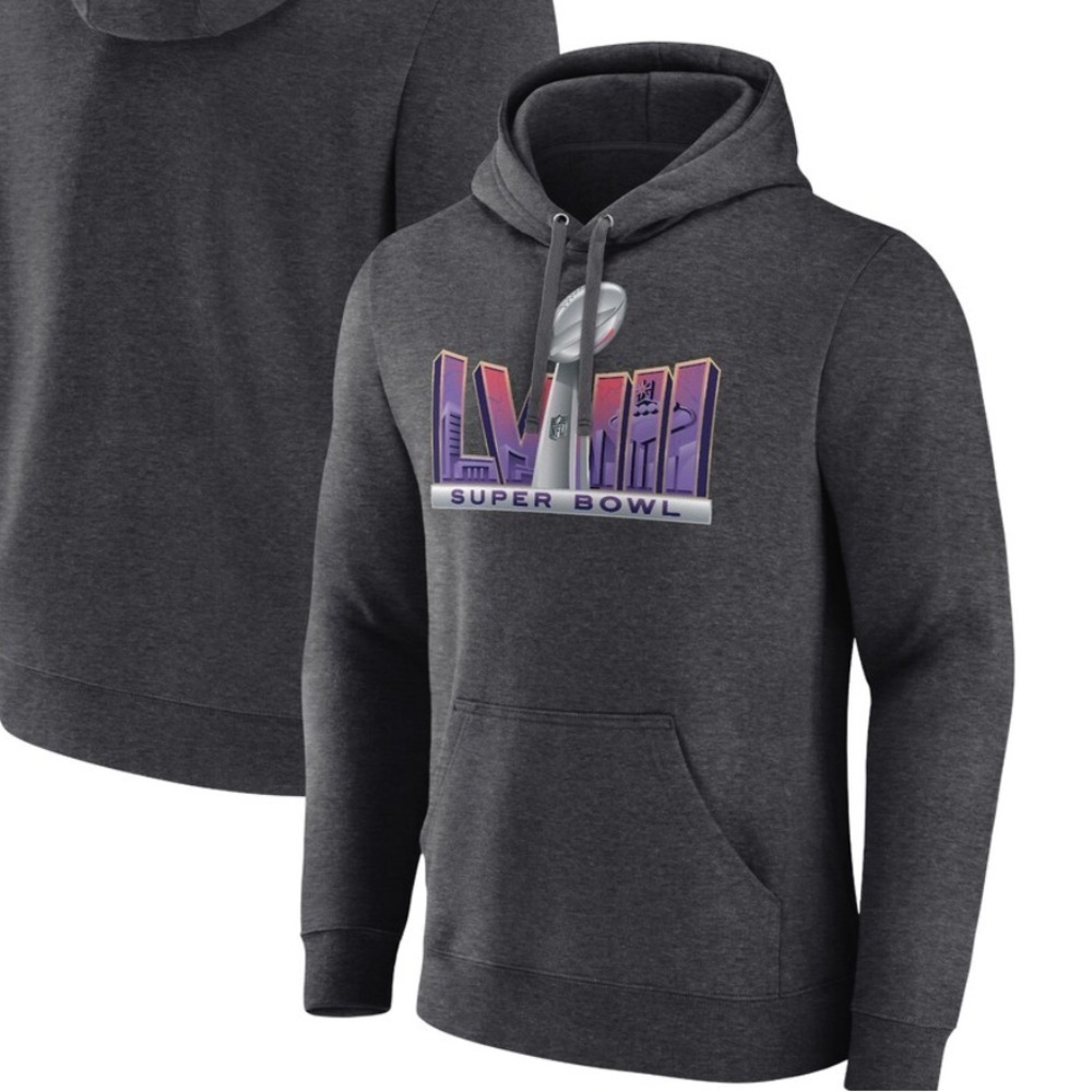 Fanatics men’s Heather Charcoal Super Bowl LVIII Trophy Dimension Fleece Hoodie